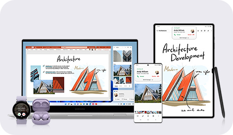 Widać różne urządzenia z serii Galaxy. Od lewej jest Galaxy Watch, Galaxy Buds, Galaxy Book, smartfon Galaxy, Galaxy Tab i S Pen. Niektóre fragmenty rysunku na Galaxy Tabie znajdują się na dokumencie wyświetlanym na Galaxy Book. Ekran aplikacji Galeria na smartfonie Galaxy jest wyświetlany na Galaxy Book. Na Galaxy Watchu, Galaxy Book, Galaxy smartfonie i Galaxy Tabie wyświetlane jest powiadomienie o połączeniu przychodzącym.