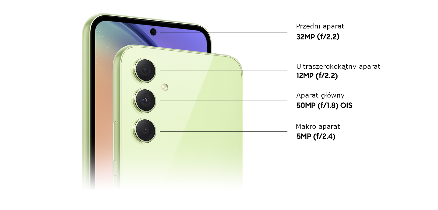 'Dwa urządzenia, oba w kolorze limonkowym, pokazują tylną i przednią stronę urządzenia. Po prawej stronie, tylna strona urządzenia pokazuje 12MP f2.2 Ultra szeroki Aparat, 50MP f1.8 OIS Główny Aparat i 5MP f2.4 Makro Aparat. Po lewej stronie, przednia strona urządzenia pokazuje 32MP f2.2 Przedniego Aparatu.