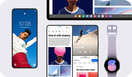 Galaxy Z Flip po lewej stronie ma tapetę i widżet zegara cyfrowego. Obok znajduje się ekran Galaxy Z Fold podzielony na trzy części. Nad nim widoczny jest pasek zadań Galaxy Tab. Galaxy Watch po prawej stronie ma włączoną tarczę zegarka.